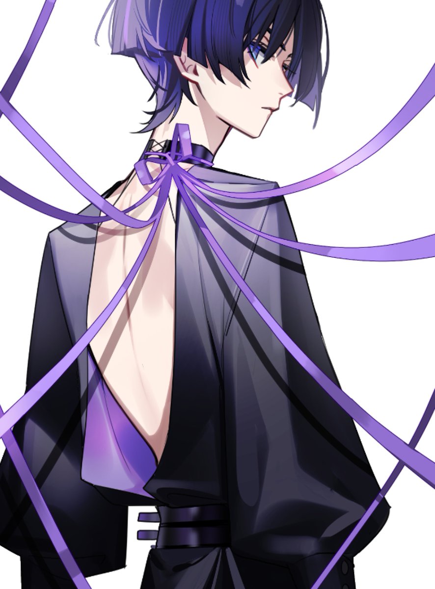 scaramouche (genshin impact) 1boy male focus solo white background back purple hair looking back  illustration images