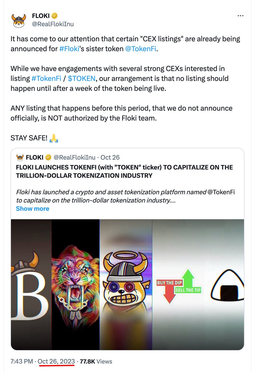 FLOKI's tweet photo. 澄清关于未经授权的BITGET $TOKEN 质押的记录

2023 年 10 月 18 日，我们提出了启动 Floki 质押计划和奖励代币的提案，该计划将瞄准具有强大潜力的万亿美元行业。虽然我们当时在 DAO 投票中没有提到这一点，但我们指的是代币化行业，预计到 2030 年价值将达到 16 万亿美元，随后投票中出现的代币将是 @TokenFi，股票代码为 $TOKEN。

在这次 DAO 投票之前，我们已经联系了所有的交易所合作伙伴，并要求他们在代币上线 7 天后不要上架 TokenFi，因为我们打算提出 DAO 投票以允许上币。我们与几家 T1 和备受尊敬的交易所进行了对话，尽管对 $TOKEN 很感兴趣并且希望尽早从这些交易所上市，但他们同意我们提出的等到 7 天后的安排，因为这是正确的做法他们是值得尊敬的政党。

#Bitget 是我们采访过的所有交易所中规模最小的，当我们宣布代币发行的细节后，他们就背着我们宣布上市，因为他们看到了围绕该代币的炒作。

事实上，他们不仅违背了我们要求 CEX 在 7 天后才上市的愿望，而且在我们将 $TOKEN 代币正式在区块链上交易之前 12 分钟，他们就列出了假版本的 $TOKEN 代币。通过查看他们的代币何时开始交易以及我们何时在区块链上启用 $TOKEN 交易，可以轻松验证这一事实。

看到他们绝望的举动，我们在 24 小时内发布了三份声明，澄清 没有交易所已获授权上线 $TOKEN。这条推文的第一条是四天前，这是 $TOKEN 可以交易的前一天，因此他们有机会停止/延迟该资产的上市。用户还提前收到我们的通知，他们将列出一个假代币。

以下是公告链接：

https://t.co/1dD3yzOzPY
https://t.co/5htqTDqgft
https://t.co/TqzQUSAlnj

Twitter 分析数据显示，这三条警告公告的浏览量合计接近 30 万次，这意味着这些推文有足够的可见度，让人们了解我们这边的真实情况。

尽管有这些重复的警告推文，但由于围绕 $TOKEN 的炒作非常强烈，一些人确实忽略了这一请求，Bitget 列出的假代币继续在其交易所上以 48小时期间获得了约 5000 万美元的交易量。

然而有一个问题：

Bitget 不仅违背我们的要求，在我们的代币正式上线之前列出了一个假代币，声称该代币与 Floki 相关，而且还欺骗性地发布了
交易了数千万美元的 $TOKEN 交易量，但没有任何区块链证据表明他们拥有单个单位的实际代币来代表用户在其交易所购买这些代币。

他们最初宣布提款将在开始交易后 24 小时开放，或许是希望价格会暴跌，这样他们就可以在市场上购买代币。相反，代币只上涨了，他们的赌注适得其反，导致他们损失了超过 1000 万美元。因此，他们拒绝开放提款，并试图争取时间。

此时，我们开始在社交媒体上看到数十条病毒式推文和报道——尤其是在中国（TokenFi 非常流行）——强调了 Bitget 拒绝提款请求并禁止其平台合法用户抱怨其平台安全的事实。无法在其交易所提取 $TOKEN。

以下是有关其偿付能力问题的一些推文：

https://t.co/9iKVnYIJmJ
https://t.co/pY1rqqOBub
https://t.co/HzRCbFbaYP
https://t.co/Ay4483W5yD
https://t.co/oNy1RcKBJn

这些推文是由加密货币专家几天前发布的，他们看到了由于试图操纵和贪婪而适得其反而陷入的麻烦。

很容易验证大量用户对他们拒绝尊重用户提款的投诉，以及他们如何通过禁止投诉的用户来回应：你只需要检查他们的推文和 Telegram 社区的评论即可了解事实。

当我们看到这些用户投诉时，我们联系了 Bitget 并要求他们解决这些问题：

反应并不令人鼓舞，Bitget 的决策者甚至不愿意加入与我们的聊天。事实上，有一次，我们被要求向他们的支持团队发送电子邮件，报告他们的 $TOKEN 流动性问题，尽管他们是未经授权列出代币的人！

顺便说一句，这是周末。最终，经过我们不懈的努力联系到 Bitget，我们与 Bitget 团队取得了联系，并要求他们诚实地评估完整用户所需的代币数量。

BITGET 承认需要多达 10 亿个 Tokenfi 代币来满足用户提现要求并填补漏洞

这几乎占供应量的 10%，在撰写本文时价值约为 2000 万美元。

换句话说，Bitget 满足了高达 2000 万美元的 TOKEN 购买要求，但在其储备中却没有任何代币可供这些用户选择提款。难怪他们拒绝开放提款。

这就像在 $TOKEN 上开设了一个八位数的空头头寸，并期望它会崩溃，这样他们就可以买入更低的价格来弥补漏洞。由于我们明确表示没有授权$TOKEN在交易所上架，很多人意识到他们上架的代币是假的，这使得他们的操纵行为很难继续下去。他们的代币交易价格一度比市场价格低 75%，这表明人们对 $TOKEN 的偿付能力缺乏信任。

尽管 $TOKEN 流动性池最初以 10% 的供应量作为种子（这一事实已提前充分传达），但该代币自推出以来需求如此强劲，以至于人们购买了池中几乎所有的供应量，从而离开了池子由于流动性池的运作方式，ETH/BNB 的数量不到总供应量的 1%，并且显着增加。当用户购买时，他们从池中取出$TOKEN并将ETH/BNB放入其中。当用户出售时，情况恰恰相反。

Bitget 显然需要高达 10% 的供应量才能让其用户完整；由于大部分 TokenFi 供应被锁定在 Floki 质押池中 – 超过 50% 被锁定在质押池中 4 年，22% 存放在国库中，5% 分配给用户激励，7% 分配给 $TOKEN质押奖励——市场上没有足够的流动性，Bitget 无法购买这些代币来让他们的用户完整。这样做会导致价格大幅上涨，即使价格上涨5-10倍，他们也无法获得足够的代币。

他们交易的代币数量远多于市场上可交易的数量，基本上人为地压低了价格，但由于他们的无能，他们仍然设法受到批评。

需要明确的是，TokenFi 代币的代币经济学是提前宣布的，并在所有 Floki 渠道和主要合作伙伴上反复传达。 Bitget看到了这一点，并选择忽略它。此外，如果他们使用用户从 CEX 购买这些代币的实际资金从流动性池中购买代币，他们不会遇到任何问题，因为代币的价格会相应调整，确保他们不会出售超过市场上的数量，并且他们有足够的偿付能力来满足用户的提款请求。

在我们与 Bitget 团队联系后，他们希望与 TokenFi 财政部进行场外交易来弥补这个漏洞。

为了保护我们的用户，由于有很多人抱怨并要求我们跨渠道进行干预，我们同意与他们进行场外交易，其溢价与他们因价格影响而必须支付的费用相比非常公平他们将在市场上购买这些代币。

相反，Bitget 提出以我们谈话时市场价格 90% 的折扣从 TokenFi 库中购买他们所需的代币，以填补他们的缺口。我们发现这很有趣，因为问题是由于他们的不负责任以及他们从用户那里收取资金而不购买他们为弥补用户头寸而支付的 TokenFI 代币造成的。

我们向他们明确表示，他们的行为是恶意的，我们有责任保护我们的社区，因此，我们将发布一份声明。 为了抢先发布我们的声明，他们没有寻找方法让他们的用户完整以避免责任和监管审查，而是匆忙发布公告“下架”我们要求他们不要首先列出的代币并指责该团队操纵价格，声称该团队“仅向流动性池添加了 2,000 美元”，这一事实是不真实的，很容易被揭穿。现在任何人都可以进入流动性池并看到流动性池中至少有 170 万美元。

目睹了Bitget的一系列见不得人、危险的做法，即：

1. 由于他们看到了围绕 $TOKEN 的炒作，因此在最初传达的时间表之前就列出了 $TOKEN。
2. 在我们正式使代币可交易前12分钟列出$TOKEN。
3. 两天内交易了价值约 5000 万美元的 $TOKEN，使其成为该期间 CEX 上继 $BTC 和 $ETH 之后交易量最大的代币，但没有任何证据表明他们购买任何 $TOKEN 来补仓。
4. 拒绝对自己的行为负责并让用户完整。
5. 拒绝联系我们解决问题，并在我们联系他们后试图采取恶意行为。 
6. 错误地指控我们的团队操纵市场，并对 $TOKEN 的市场流动性状况撒谎，以分散人们对其不正当行为的注意力。

鉴于上述所有事实，我们决定发表此声明以澄清事实。

此外，我们真的很好奇Bitget的整体偿付能力状况：

如果这种规模的交易所可以从有兴趣购买他们列出的代币的用户那里收取超过 1000 万美元，而不购买链上的实际代币来覆盖其交易所上的用户“持有量”的一小部分，这表明它是业余的行为和风险管理不善。根据我们去年年底在 FTX 上看到的情况，想象仍然有交易所表现出这样的行为令人不寒而栗。

我们要求 Bitget 发布可验证的钱包链接，以便用户可以查看他们的 $TOKEN 持有量和历史记录。

我们也有充分的理由相信 Bitget 对 $TOKEN 所表现出的行为不仅限于该代币。我们要求他们发布其唯一储备金的链接，显示其持有的 $FLOKI 资产。

因此，我们想澄清的是，任何在 Bitget 上交易或持有 $FLOKI 的用户都面临着极大的风险。我们在 Bitget 处理 $TOKEN 情况的方式中看到的非常令人不安的模式，让人质疑他们的风险管理实践以及他们如何运营交易所。当我们的用户的偿付能力的真实状况变得清晰时，我们不希望他们受到影响。