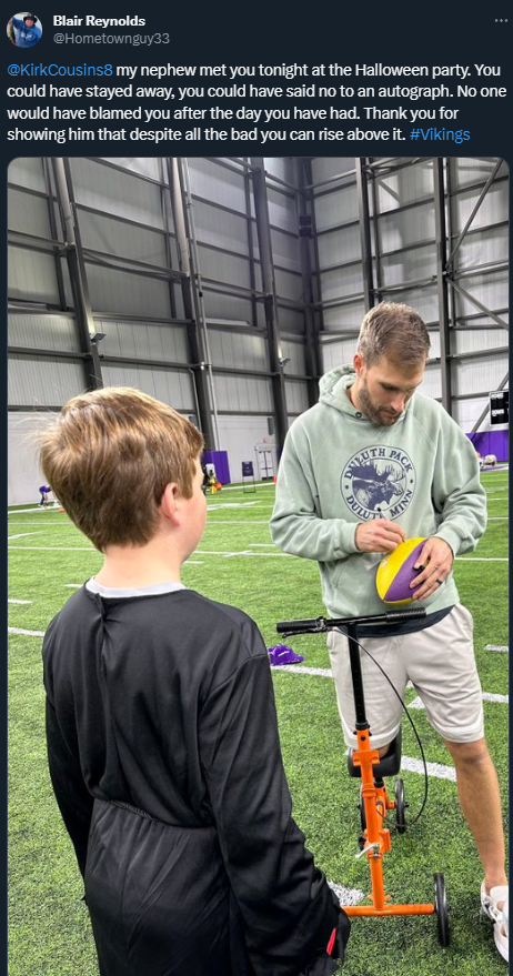 NFL_DovKleiman's tweet photo. Kirk Cousins is a really good guy - still giving back to fans, even right after learning about his torn Achilles injury. 

"Kirk Cousins - my nephew met you tonight at the Halloween party. You could have stayed away, you could have said no to an autograph. No one would have blamed you after the day you have had. Thank you for showing him that despite all the bad you can rise above it."

(h/t @Hometownguy33)