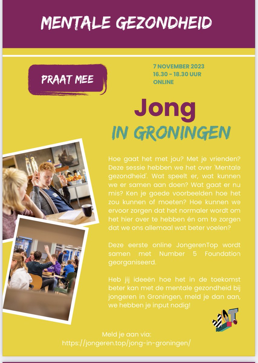 De toekomst van mentale gezondheid bij jongeren in Groningen. Wie heeft ideeen? Ben je tussen 16-27 jaar, meld je aan om de toekomst vorm te geven!

#mentalegezondheid
#jongingroningen
#toekomst
#invloed

jongeren.top/jong-in-gronin…