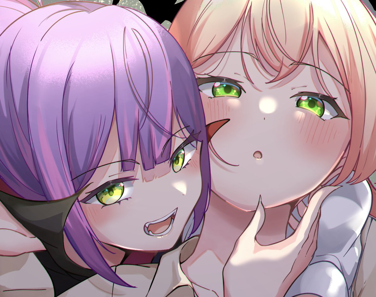 tokoyami towa multiple girls 2girls green eyes purple hair fangs blush open mouth  illustration images
