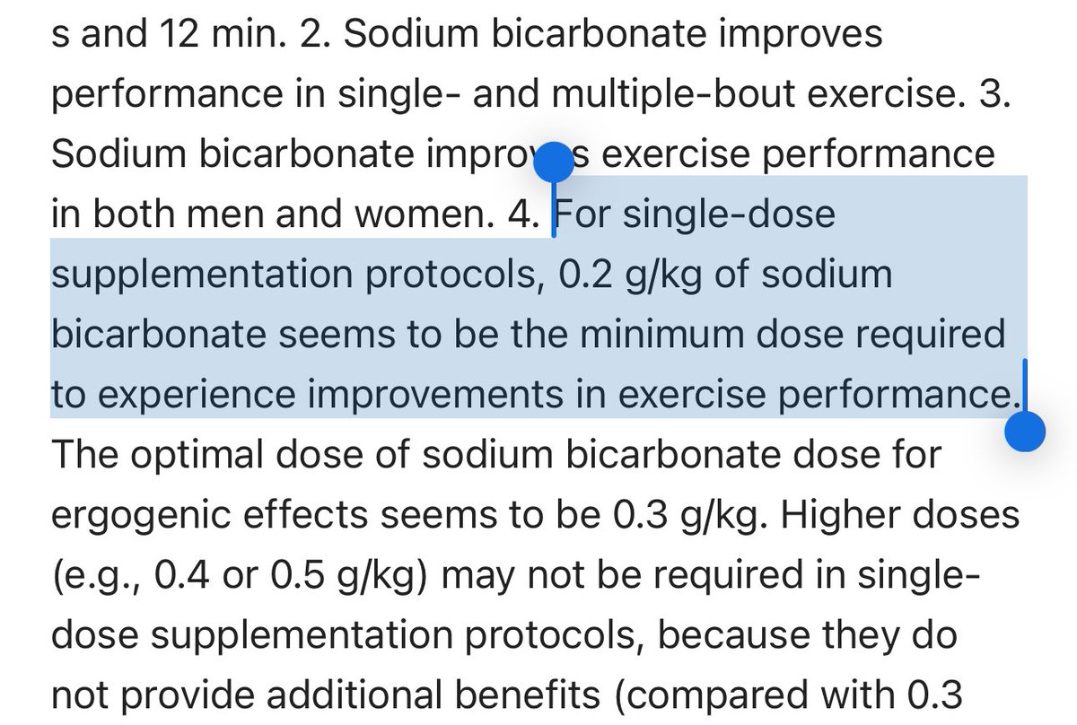 VanceE's tweet photo. Baking soda improves exercise performance.

15-30g of Baking Soda increased athletic performance by 14% in a group of young, trained men.

This comes directly from combatting acidity in the muscles during anaerobic exercise and the production of lactic acid from the breakdown of carbohydrates.