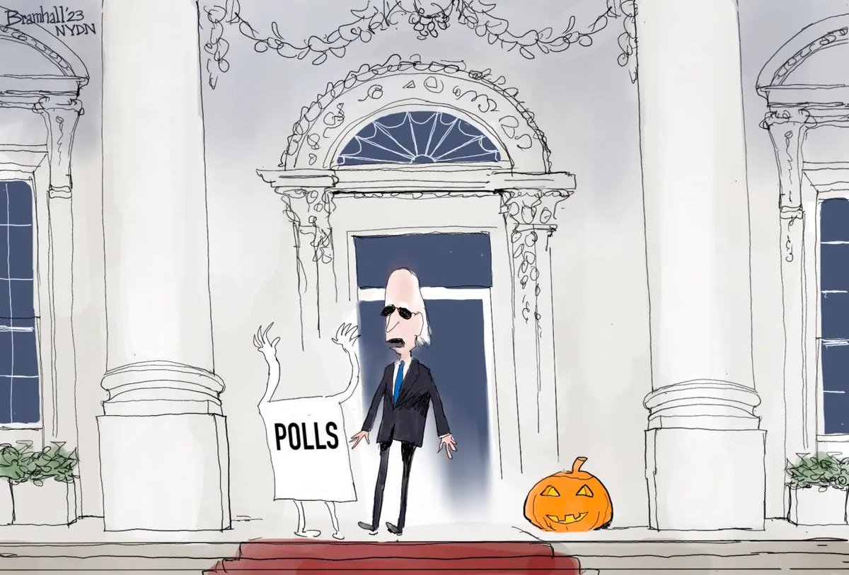 BOO! Polls 👻🇺🇸 Most NYers worry migrant crisis will ‘destroy’ NYC as some sour on Biden in new poll nydailynews.com/2023/10/24/new… Pics: Halloween at the White House 🇺🇸🎃nydailynews.com/2023/10/31/hal… More Bramhall cartoons trib.al/hIuJHRn