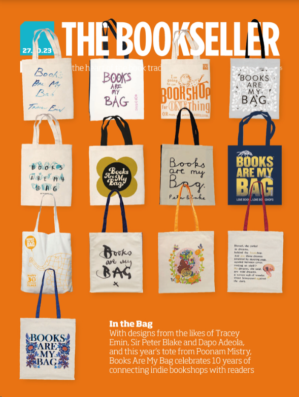 In case you didn't see it, @booksaremybag was on the front cover of @thebookseller celebrating their 10 anniversary with their wonderful bags designed by @TraceyEmin, @charliemackesy, @DapsDraws, @poonammistry, @pmistryartist and many others!