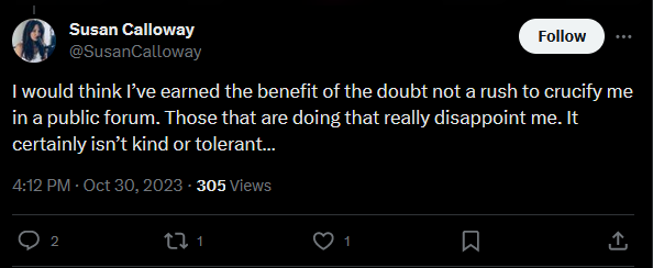 NEHWind's tweet photo. I feel awful for Susan Calloway. Voice of an angel on that woman.

It must be understood that there is no benefit of the doubt from the alphabet mob. You stop them by standing your ground. As the spectrum of acceptable thought continues to shrink, they come for us all eventually.