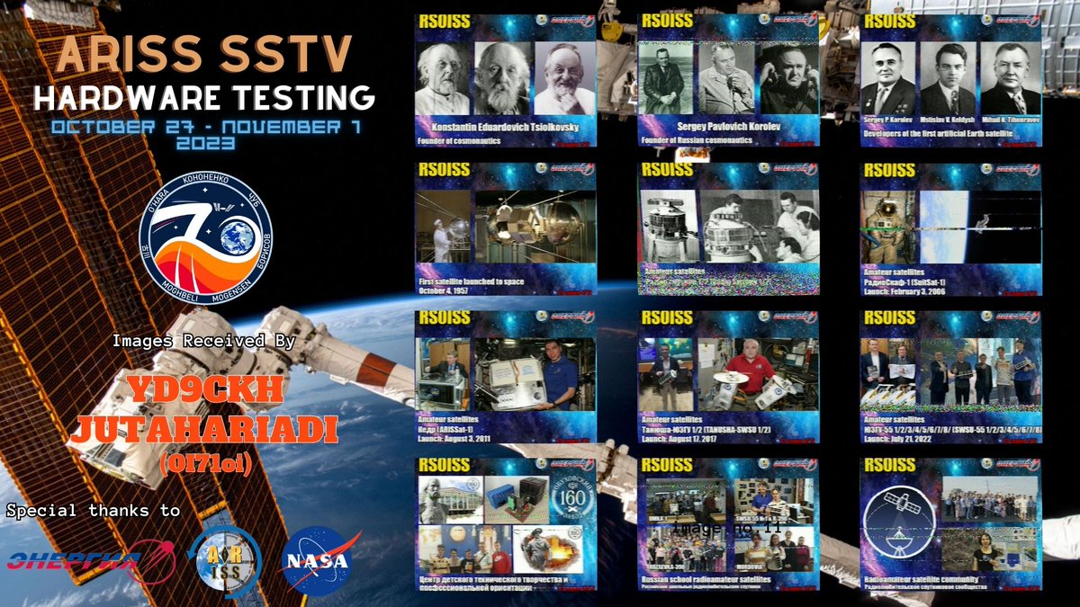 Jutahariadi's tweet photo. Last minutes before ARISS radio going off, i got the complete series #SSTV images "Test show of SSTV " transmitted from the #ISS , from Oct 27-31, 2023 with @rtlsdrblog  dongle V3 &amp; QFH antenna. @ARISS_Intl @issfanclub #RS0ISS #AMSATID https://t.co/4bJRWI3ZXm