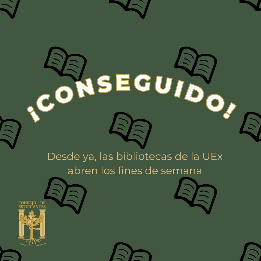 Desde el Consejo de Estudiantes estamos orgullosos/as de haber conseguido que, a partir de este fin de semana, las bibliotecas centrales abrirán los fines de semana. Sábados y domingos, de 10 de la mañana a 8 de la tarde.

¡Seguimos!💪🏻❤️