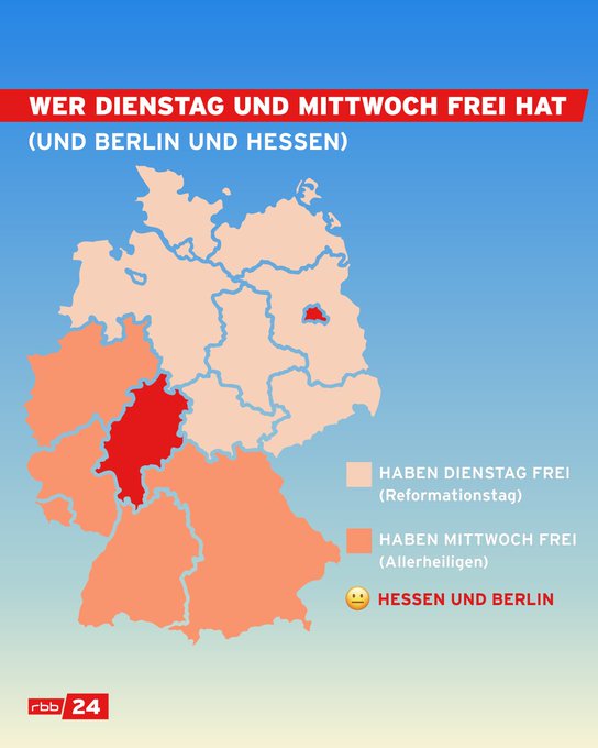 Eine Deutschlandkarte mit den Bundesländern die entweder Dienstag Feiertag haben. Den Reformationstag. Oder am Mittwoch Allerheiligen einen Feiertag haben. Ausnahme sind Hessen und Berlin