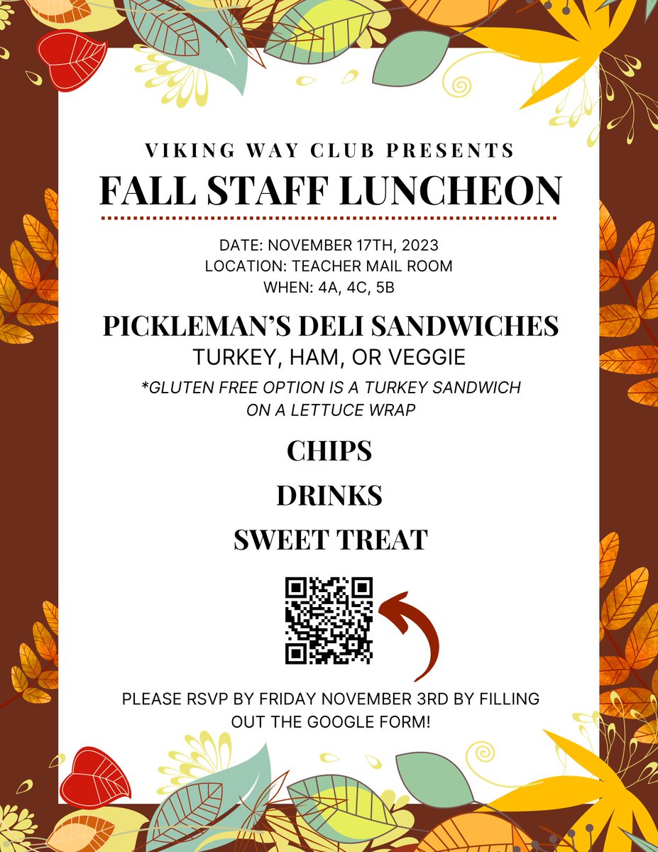 Viking Way is providing lunch on November 17th for staff members. Please RSVP by Friday November 3rd!

@FHHSPrincipal @FHVikings @fhstuco @VikingEdgeFHHS @FHHSGuidance