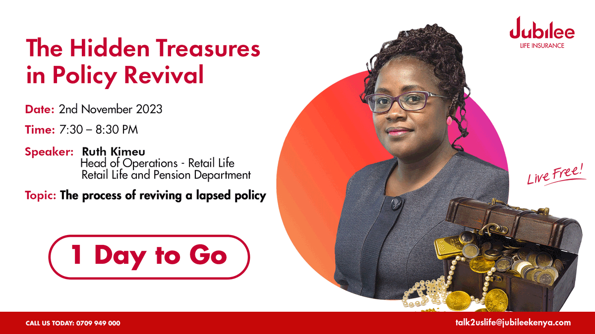 JubileeInsKE's tweet image. 1 Day to go! 

Have you prepared your questions? We are ready to answer &amp;amp; guide you to attain your goals. Join us this Thursday for an insightful webinar on policy revival with Jubilee Life Insurance. 

Don't miss out on this valuable opportunity!
#RevivalCampaign #PolicyRevival