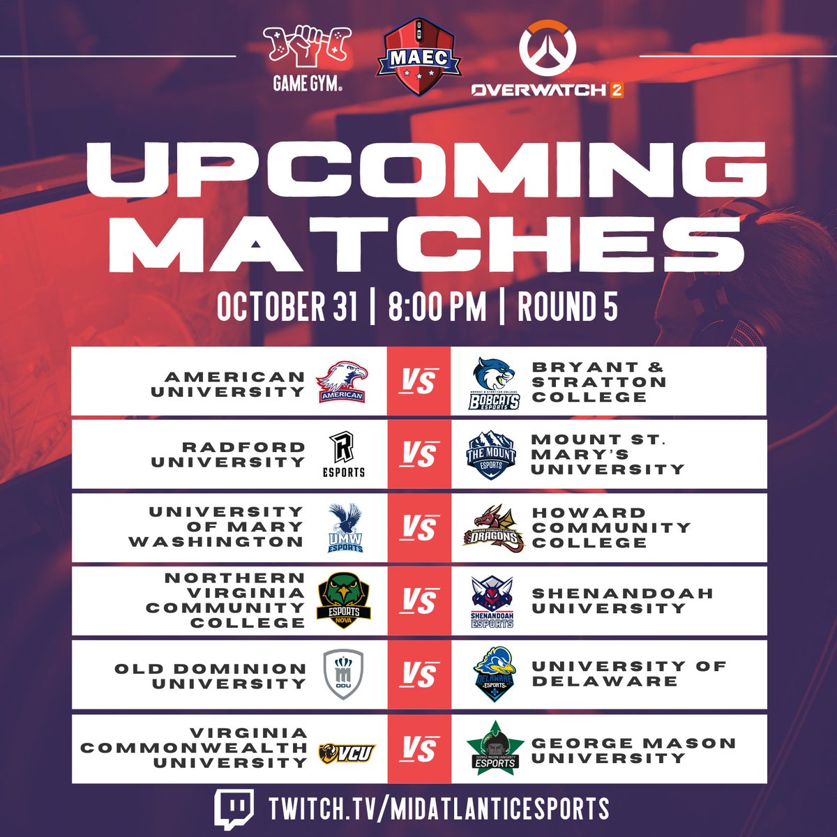 GameGymEsports's tweet photo. Get ready for some intense matches this #Halloween as the #MAEC starts Round 5 with #Overwatch tonight! 
Join us on Twitch at 8 pm ET to watch live: https://t.co/KcW2a9tipr https://t.co/cPQOtZTIiC