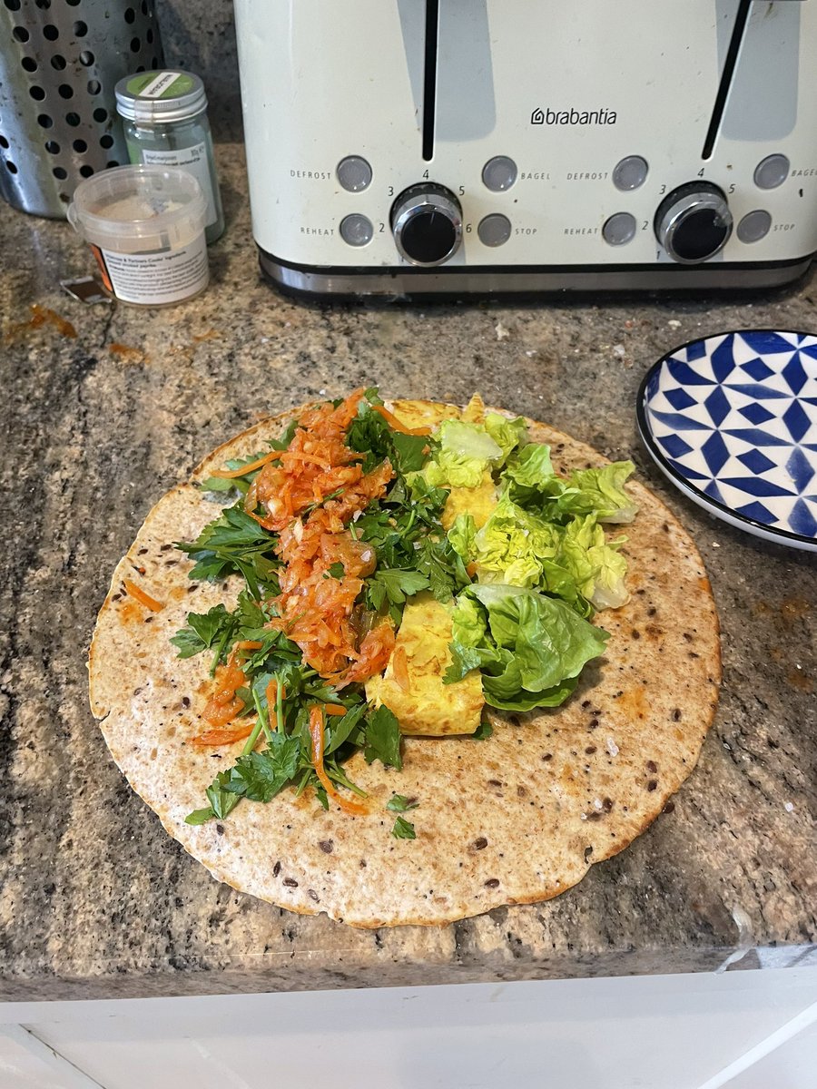 BassMidsTopsEtc's tweet photo. Not vegan, not exactly low calorie, but an absolute banger: warm slices of Spanish omelette, kimchi, crisp lettuce, fresh parsley and coriander #wrapgame https://t.co/6E3TS72fKE