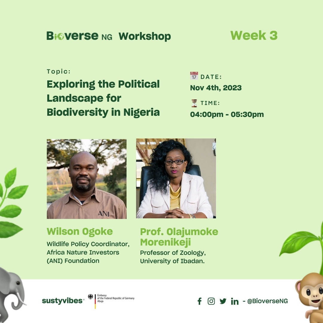 I eagerly anticipate gaining insights into the political aspects of biodiversity in Nigeria from two notable experts, Mr. Wilson Ogoke, the Wildlife Policy Coordinator at @ANI_Foundation, and Prof. Olajumoke Morenikeji, a distinguished Zoology Professor at @UniIbadan
@BioverseNG