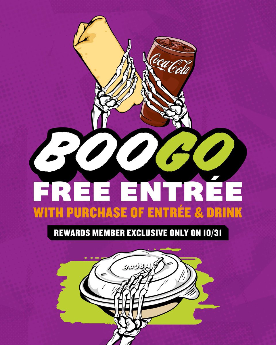 Today is BOOGO Day!  👻 💀 

Today only, all QDOBA rewards members can enjoy a FREE entrée with the purchase of an entrée and drink! 🌯 🌯

Join Rewards to claim this deal 👉 bit.ly/47fKI0j

#Qdoba #QdobaMexicanEats #QdobaRewards #BOOGO #Halloween  #BuyOneGetOne