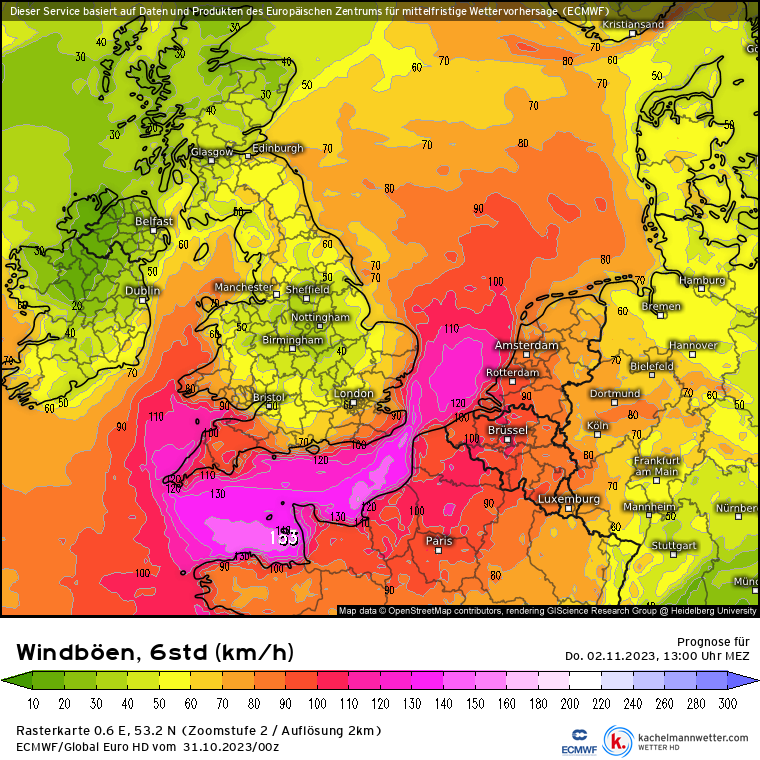 Grote overeenstemming tussen de modellen over de stormsituatie op donderdag. De kern van de depressie (950-955 hPa!) komt in de buurt van Londen te liggen. Noordwest-Frankrijk kan de borst nat maken. Ook aan onze kust windstoten tot ca. 120km/uur.

kachelmannwetter.com/de/modellkarte…