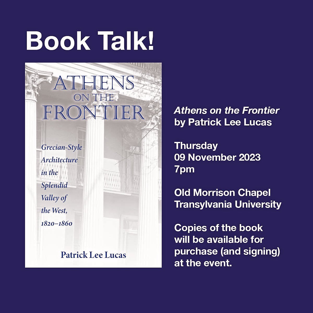 NEXT THURSDAY!! Book talk from Dr. Patrick Lee Lucas at Transylvania University! See you there :)