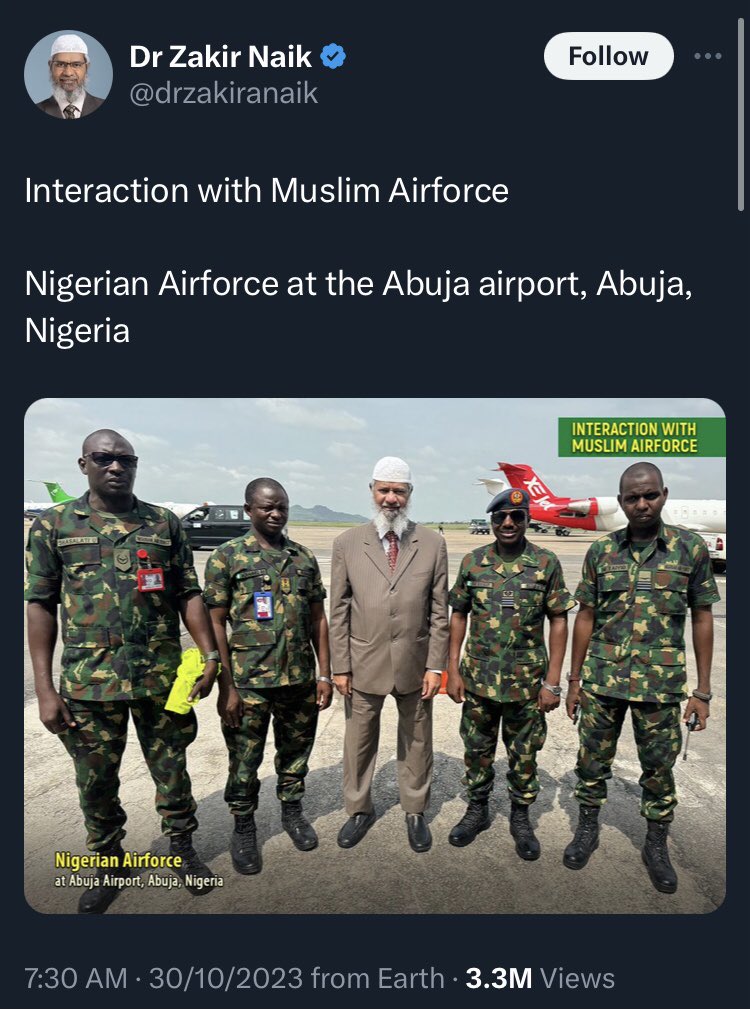 firstladyship's tweet photo. 1. Interaction with Muslim Airforce.
2. Interaction with Muslim Immigration.
3. Interaction with the Head of States.

4. Dr. Zakir Naik is a wanted man in India, he is wanted by India for preaching hate, for financing terrorism, & for money laundering. He is unwelcome in Malaysia as well.

5. If a Christian preacher did half of these, there would have been killings & riots in Nigeria. How did he pass immigration checks in Nigeria? Who approved his Visa?

6. Is Nigeria now a melting pot for hotheads, religious hate preachers, money launderers, terror financers, & treasonable felony?
