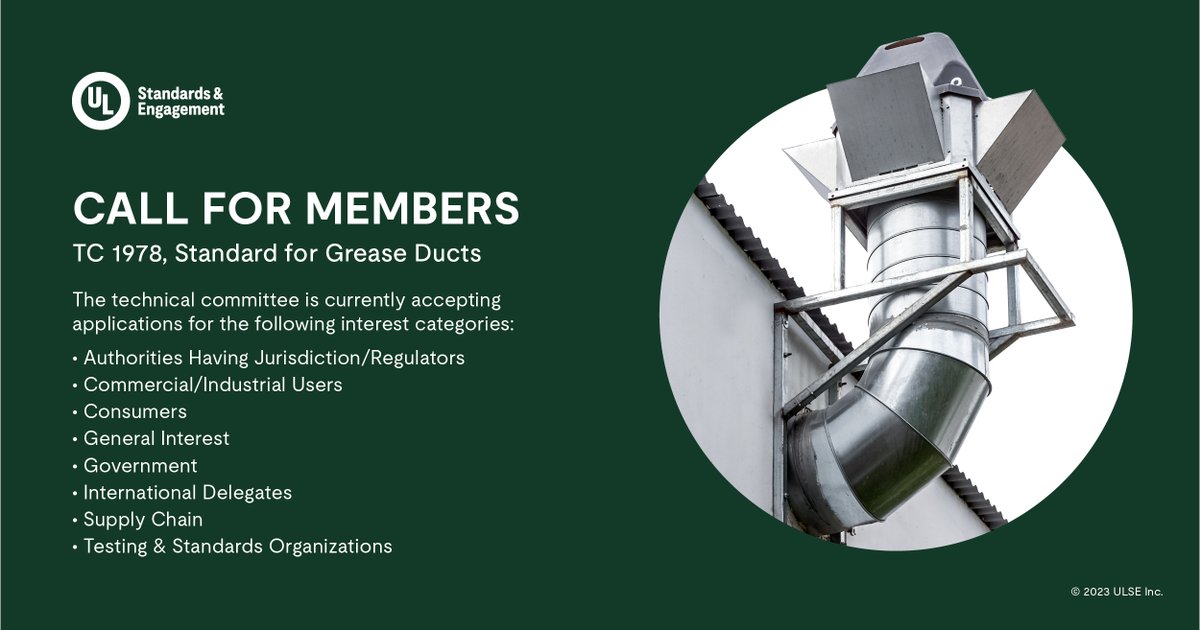 Call for members 📣 TC 1978, the technical committee for Grease Ducts, is currently accepting applications. Visit s.ul.org/myinfo to apply or reach out to Anna.Roessing-Zewe@ul.org for more info.

#Standards #StandardsMatter #GetInvolved