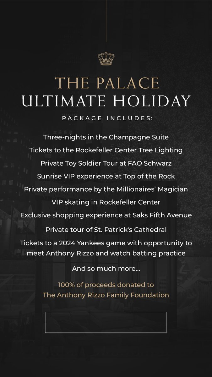 We have teamed up with the Lotte New York Palace for a once in a lifetime experience. All proceeds benefit the @RizzoFoundation. lottenypalace.com/holiday-package