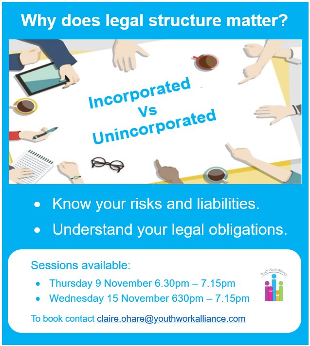 YouthWorkAll's tweet photo. YWA is inviting local youth work voluntary management committees/trustee boards to attend a short online information session on the advantages and disadvantages of incorporation, within the current economic environment. https://t.co/fniWitBAqM