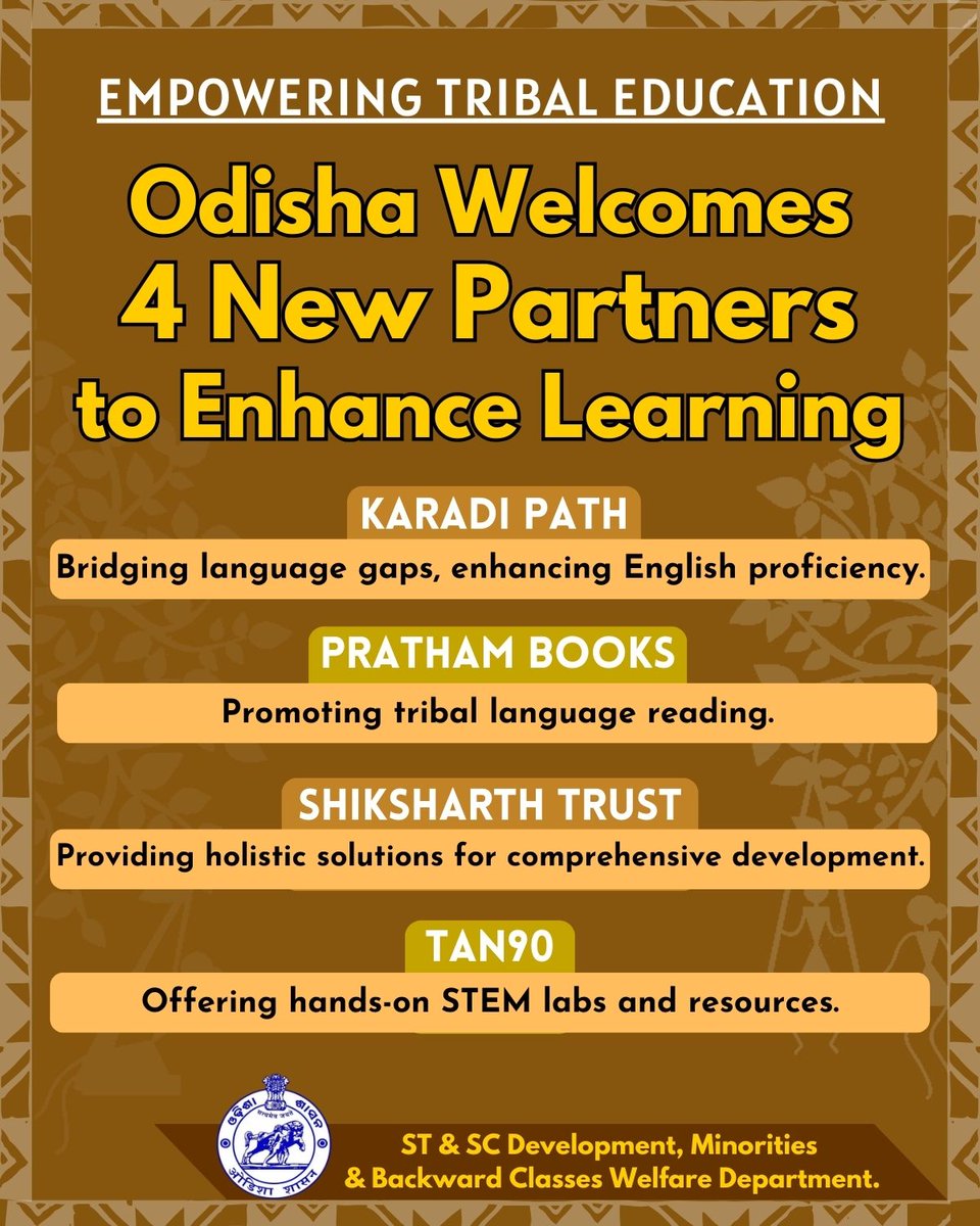The ST &amp; SC Development, Minorities, and Backward Classes Welfare Department, Government of Odisha, onboarded four new strategic partners into their fold on October 31, 2023, to enhance the quality of tribal education and improve learning outcomes.

1/7