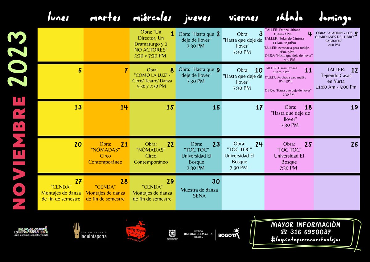 🎭Nuestra programación para que se apunten a vivir el teatro de muchas formas🎭

Con el apoyo del Programa Nacional de Salas Concertadas @Mincultura y el Programa Distrital de Salas Concertadas @Idartes 2023

#laquintaporranoestanlejos