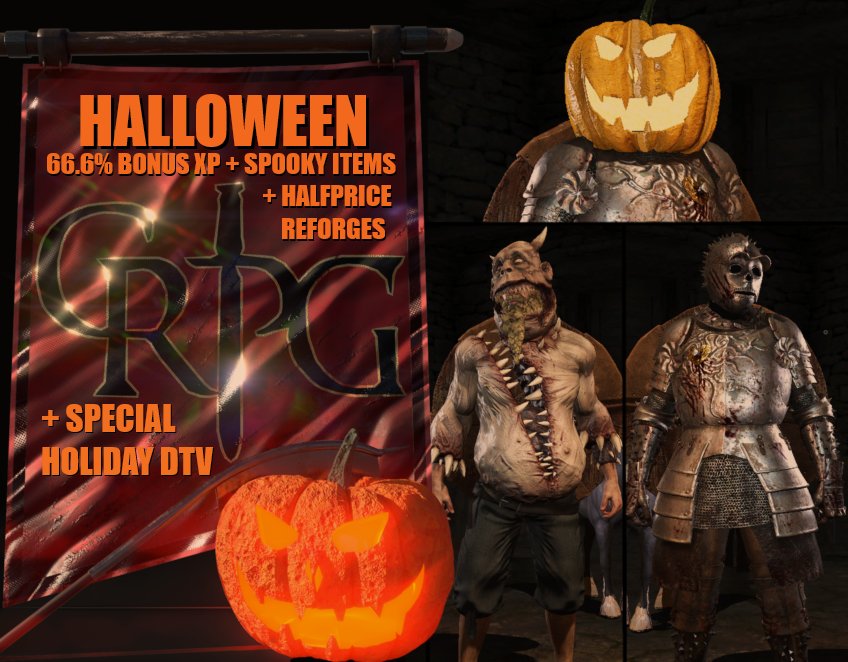 crpg_mod's tweet photo. Halloween 🎃 is here in cRPG! Check out our special Halloween Event Patch!

TRICK or TREAT yourself to:
👻 66.6% Bonus XP
🍬 Halfprice Reforges
🎃 Special Spooky Items
😱 Unique Holiday DTV
🦇 and more!

https://t.co/sZn9FpxGbx

#Halloween #Spooky #Bannerlord #cRPG #Pumpkins https://t.co/hSIaAGNugh