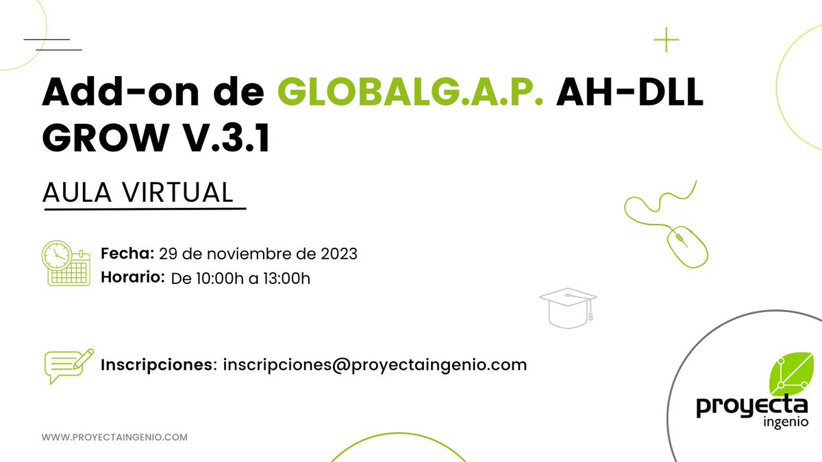 👩‍🏫Nuevo curso en modalidad #Aulavirtual sobre Add-on de GLOBALG.A.P. AH-DLL GROW V.3.1
👀 Si eres técnico de campo, técnico de calidad y/o cualquier persona con interés ¡Este es tu curso!
📅 29 de noviembre. De 10:00 a 13:00 horas.
✍️ Aula virtual
acortar.link/kRUgR2