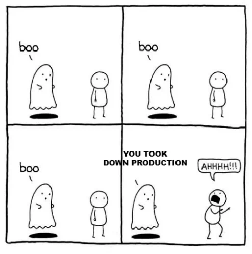 A four panel comic, with a ghost trying to scare someone.
Boo! The ghost says. No reaction
BOO. The ghost says again. No reaction.
BOOO. The ghost keeps trying. No success.
Finally the ghost says, "You took down production". "AHHHH" the man turns and screams