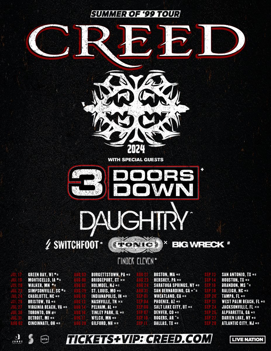 ~The Summer Of 99 Tour ~ The presale is LIVE at 10am local today! Grab your tickets and VIP Meet & Greets at Creed.com 📷 Use code: SUMMEROF99 @3doorsdown @Daughtry #Tonic @BigWreck @Switchfoot @FingerEleven #Creed #CreedBand #NeedForcreed