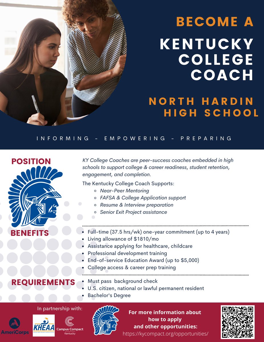 We're hiring for a College Coach at #NorthHardinHighSchool! Visit kycompact.org/opportunities for more information on how to apply. #KyCC #KCC #KentuckyJobs #KHEAA #ServeKy #AmeriCorps #GetThingsDone #CollegeAccess #CollegeCoach #StudentSuccess #CommunityImpact #Education