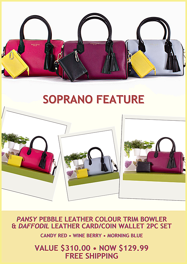 SopranoHandbags's tweet photo. SOPRANO FEATURE
The brand new PANSY Colour Trim Pebble Leather Bowler Bag and DAFFODIL Leather Card/Coin Wallet 2pc set.
Colour: Candy Red, Wine Berry, Morning Blue.
Value $310.00.  Now $129.99 with Free Shipping.
Offer ends Nov. 13, 2023.
Shop now >> https://t.co/1B6Qyp7NUZ https://t.co/mrTbT09QJN