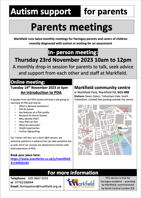 MarkfieldProj's tweet image. Autism support for parents
Next ONLINE meeting 👉🏽An introduction to PDA
➡️Tuesday 14 November at 6pm
Book your place here:
eventbrite.co.uk/o/markfield-31…
#Autism #AutismSupport #AutismSupportGroup #AutismSupportforParents #PDA #pdaandautism
@PDASociety