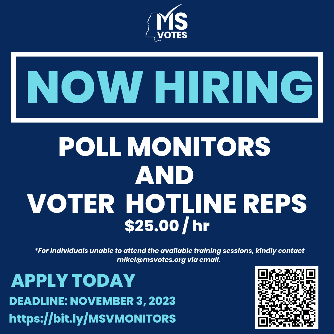 Hey Mississippians! Join us on Election Day, working shifts at different precincts, distributing info, and reporting incidents. Plus, earn $25/hour! Sign up at bit.ly/MSVTRAINING. Let's make a difference! 🗳️ #MSVotes #MSPol #MSPolitics #Vote