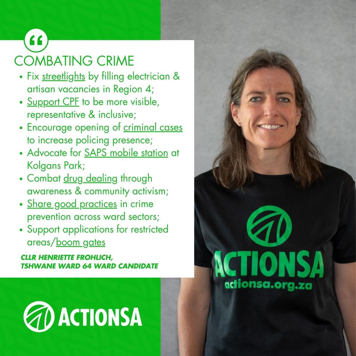 henriettefroh's tweet photo. Vote for ActionSA Ward Councillor Candidate Henriette Frohlich on 8 November. Vote for change.
#ward64byelection #electionmanifesto
#combatingcrime https://t.co/hzbIvigKMg