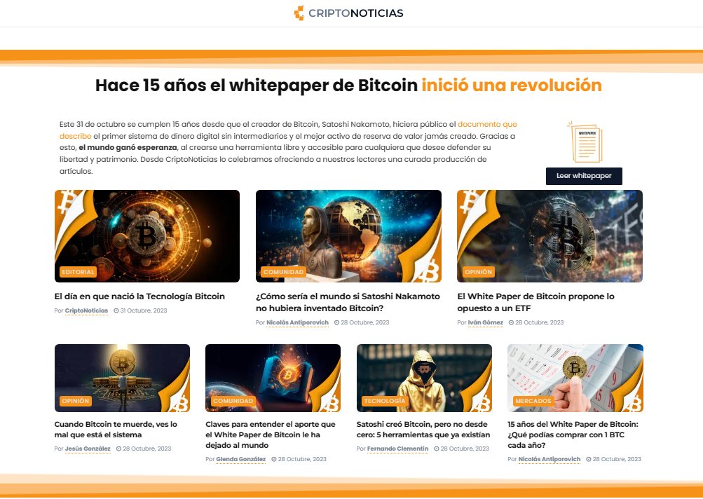 La sección especial de <a href="/CriptoNoticias/">CriptoNoticias</a> por el 15 aniversario del #BitcoinWhitepaperDay quedó bella.

¿Ya leíste los artículos? 
Entra en criptonoticias.com