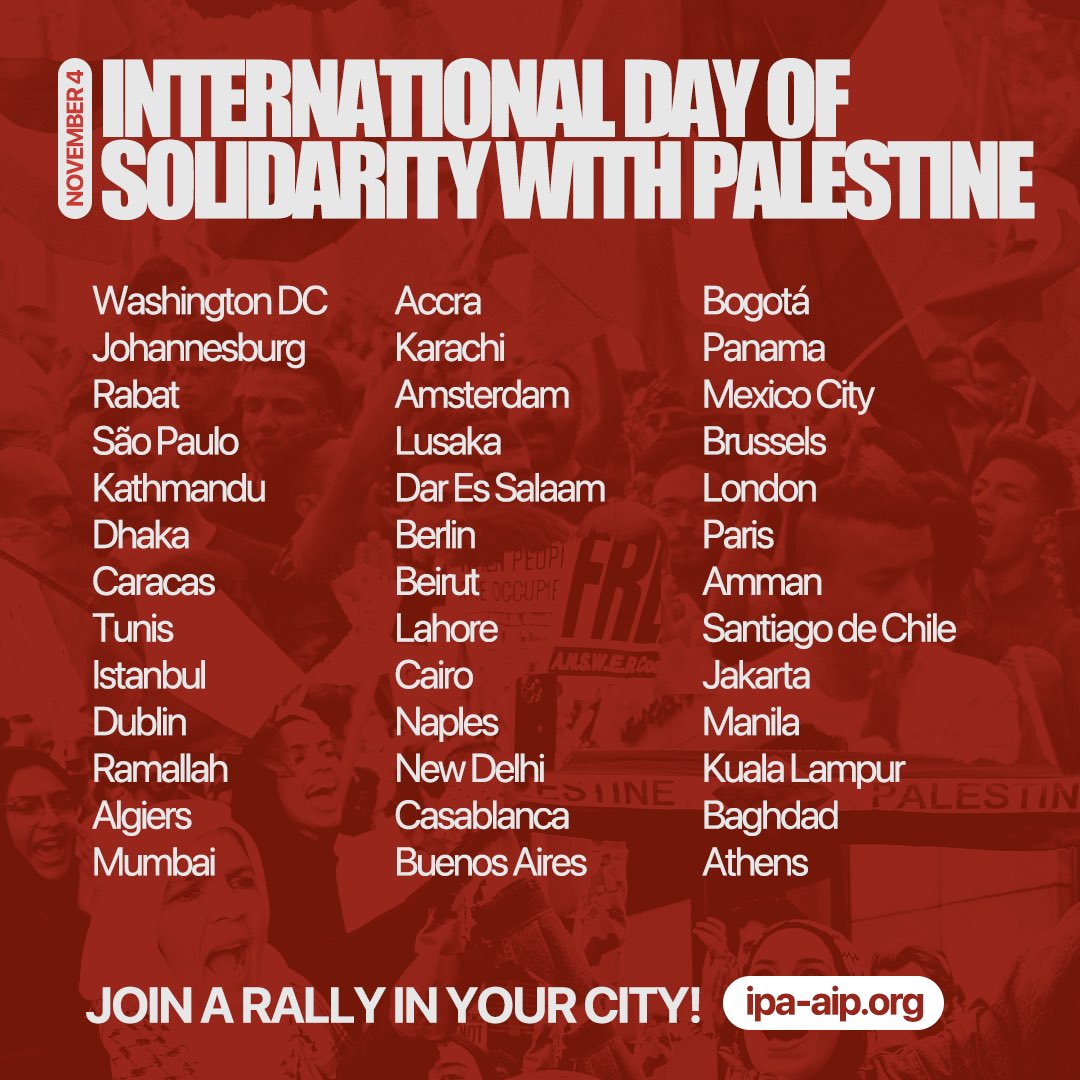 NOVEMBER 4th is the International Day of Solidarity with Palestine! Over 100 actions organized around the world. Join one in your city & stand up for Palestine! 🇵🇸✊🏾 📌 Learn more on ipa-aip.org/palestine-soli… #FreePalestine