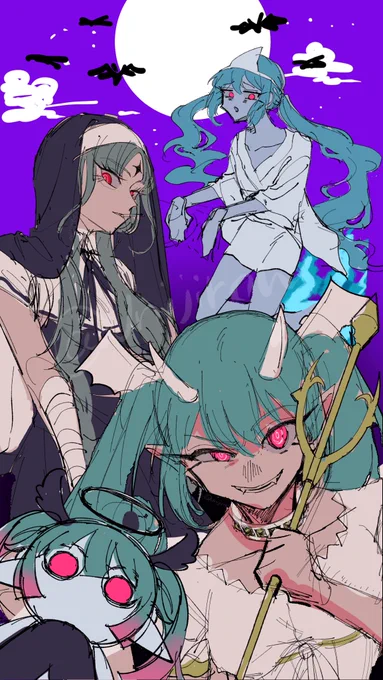 ハロウィン絵、急に思い立ってこういうのを描いてたが普通に間に合わんかった なんとなく色だけ置いてみた(後で消すかも)