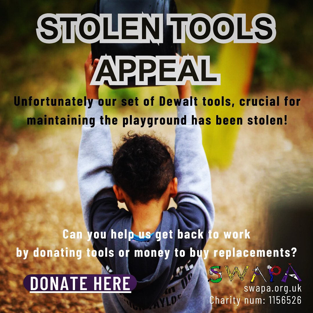 Can you help us replace our #tools so we can get back to doing what we do best? 
Supporting #children’s #play at our #community adventure #playground in #Hackney that’s always FREE.
Please donate if you can ko-fi.com/SWAPA/goal?g=0 
<a href="/TravisPerkinsCo/">Travis Perkins</a> <a href="/ToolstationUK/">Toolstation UK</a>