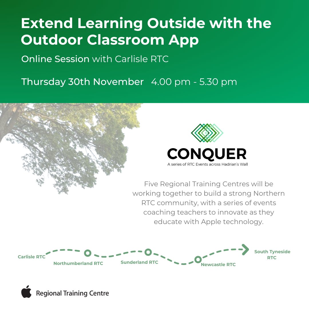 Sign up for our next online course! 
Extend learning outside with the Outdoor Classroom app
Explore using the Outdoor Classroom app and how it can transform any outdoor space with Carlisle RTC:
30th November 2023 @ 16:00 - 17:30