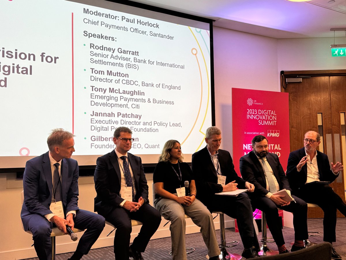 Quant (@quant_network) on Twitter photo Taking to the stage now at #UKFinanceDIS to discuss the #DigitalPound:
Tony McLaughlin, Emerging Payments & Business Development, <a href="/Citi/">Citi</a>
Tom Mutton, #CBDC Director, @BankofEngland
@GVerdian, our Founder & CEO
Rodney Garratt, Senior Adviser, <a href="/BIS_org/">Bank for International Settlements</a>
Jannah Patchay, Board Taking to the stage now at #UKFinanceDIS to discuss the #DigitalPound:
Tony McLaughlin, Emerging Payments & Business Development, <a href="/Citi/">Citi</a>
Tom Mutton, #CBDC Director, @BankofEngland
@GVerdian, our Founder & CEO
Rodney Garratt, Senior Adviser, <a href="/BIS_org/">Bank for International Settlements</a>
Jannah Patchay, Board