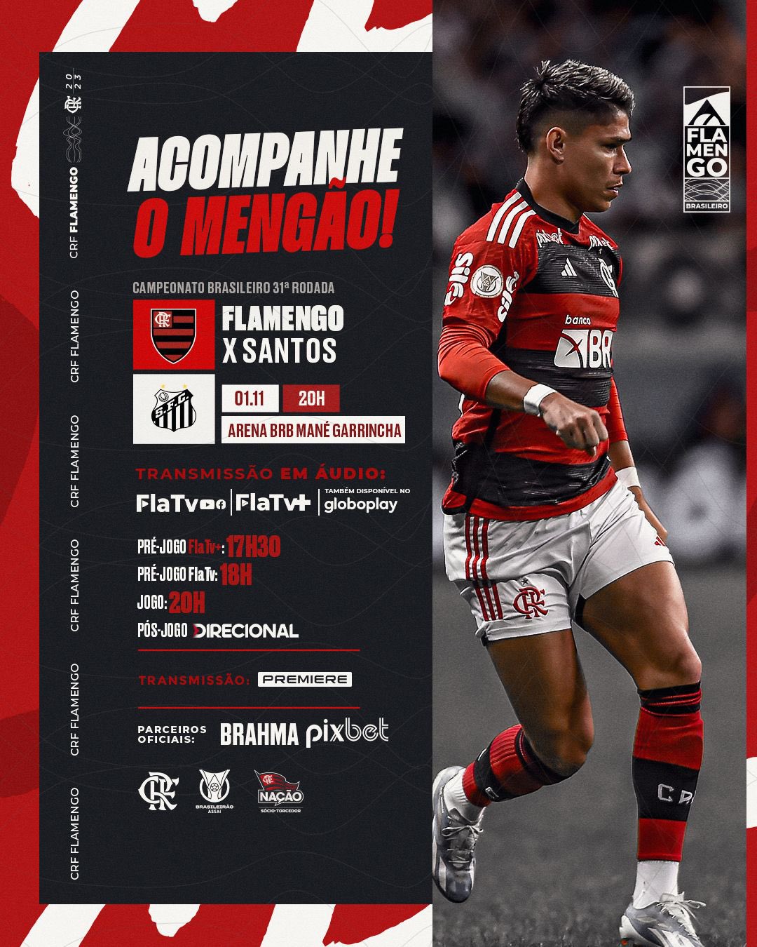 FLAMENGO X SANTOS TRANSMISSÃO AO VIVO DIRETO DO MANÉ GARRINCHA -  BRASILEIRÃO 2023 - RODADA 31 