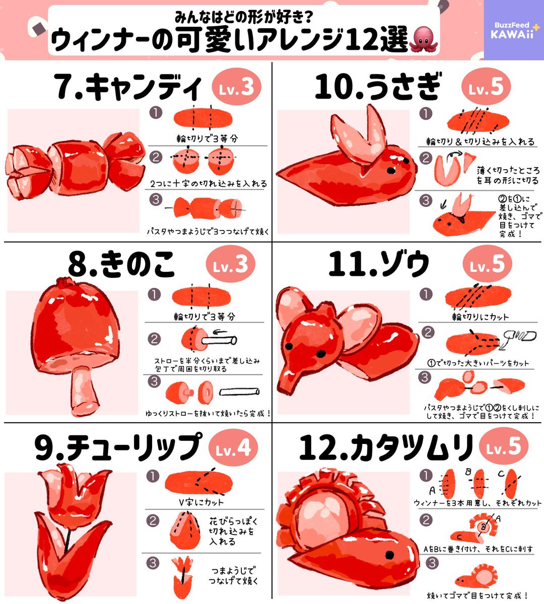 BF_KawaiiPlus's tweet photo. タコさん以外にも色々あるんです🐙

お弁当を可愛く彩るウィンナーアレンジをまとめました！ https://t.co/yvLLxZbf0K