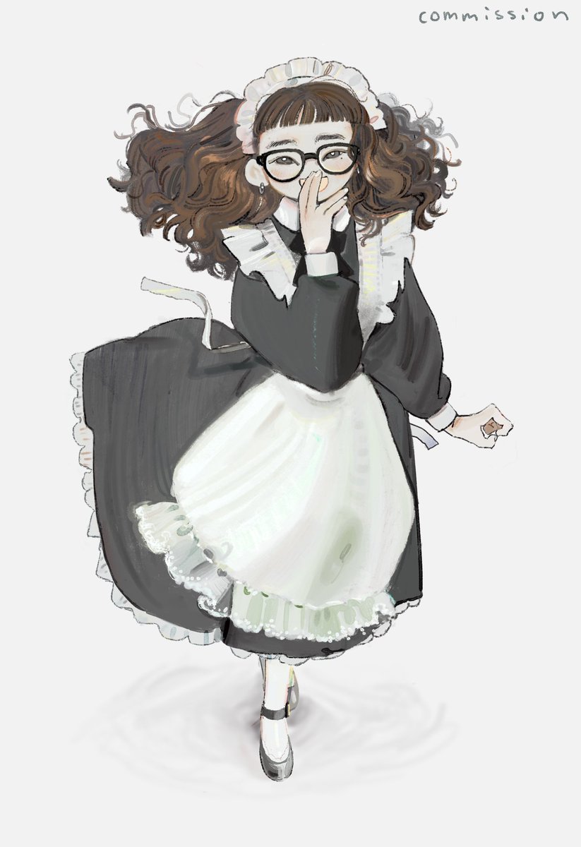 1girl solo maid apron glasses maid headdress brown hair  illustration images