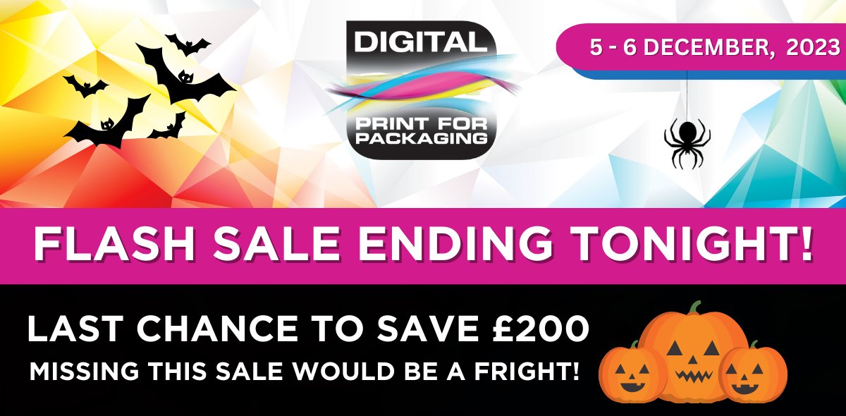 Here's a quick reminder to let you know that the #Digital #Print for #Packaging flash sale EXPIRES THIS EVENING at midnight GMT and this is your final chance to save £200 off the final ticket price. Enter the discount code DPP23FLASH at checkout. Book now bit.ly/3u47Wry