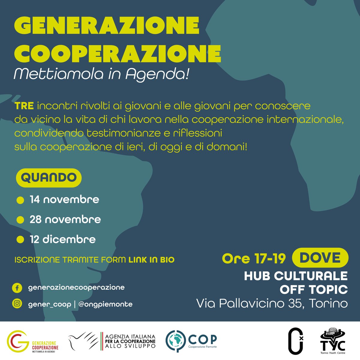 Aperte le iscrizioni per giovani 18-30 anni - 3 incontri a Torino - per conoscere da vicino la vita di chi lavora nella cooperazione internazionale! #GenerazioneCooperazione è promosso da @FOCSIV in partenariato @ongpiemonte e fin da @aics_it Qui il form: forms.gle/g78U7Vd8XK12g5…