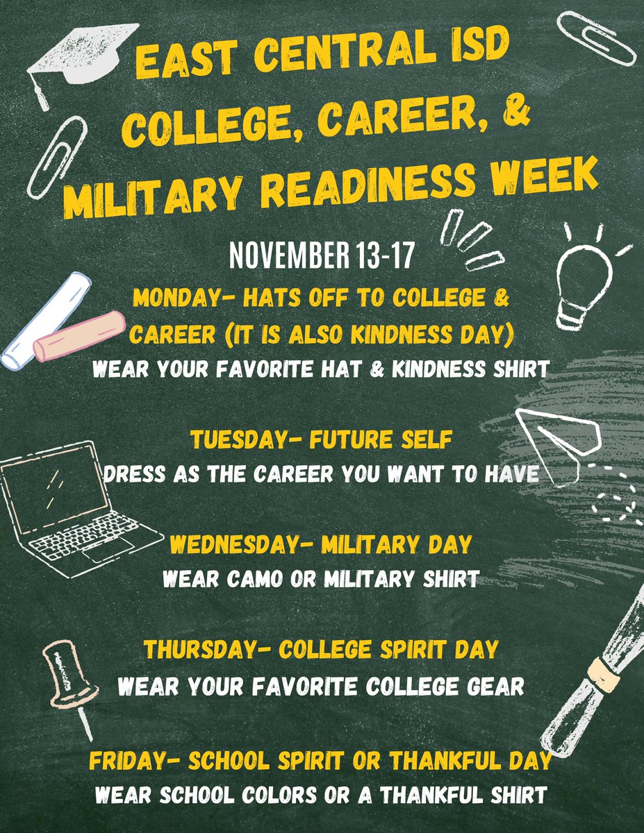 Tradition Elementary (@traditiontitans) on Twitter photo Get ready to celebrate College, Career, and Military Readiness Week at Tradition Elementary November 13-17. <a href="/TraditionTitans/">Tradition Elementary</a> <a href="/ECISDtweets/">East Central ISD</a> Get ready to celebrate College, Career, and Military Readiness Week at Tradition Elementary November 13-17. <a href="/TraditionTitans/">Tradition Elementary</a> <a href="/ECISDtweets/">East Central ISD</a>