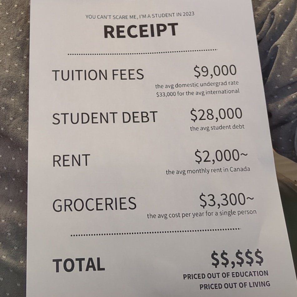 This Halloween, the scariest thing of all for Canada's 2.1 million post-secondary students is the cost of education and the cost of living. 💀 

That's why it's time for free and accessible post-secondary education! #AllOutNov8 #FightTheFees #EducationForAll @CFSFCEE