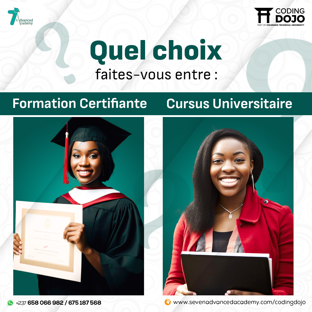 #Sondage 

Quel choix faites-vous entre :

1. Formation Certifiante 
2. Cursus Universitaire

Vos réponses dans les commentaires 🗨️ 

#Sondage #formation #formationprofessionnelle #cursusuniversitaire #Techfield #Cameroon #SevenAcademy