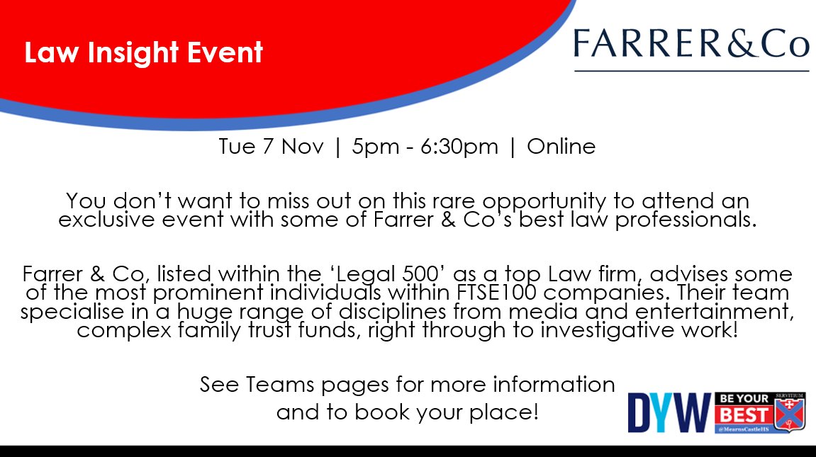 Law Insight Event with @Farrer_Co Tue 7 Nov | 5pm - 6:30pm | Online See Teams pages for more information. Click here to book your place: surveymonkey.com/r/C3BGX5R